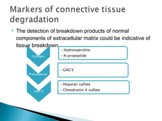  The detection of breakdown products of normal
components of extracellular matrix could be indicative of
tissue breakdown.
 