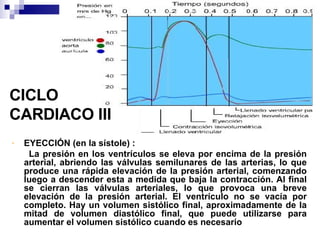 CICLO CARDIACO III EYECCIÓN (en la sístole) : La presión en los ventrículos se eleva por encima de la presión arterial, abriendo las válvulas semilunares de las arterias, lo que produce una rápida elevación de la presión arterial, comenzando luego a descender esta a medida que baja la contracción. Al final se cierran las válvulas arteriales, lo que provoca una breve elevación de la presión arterial. El ventrículo no se vacía por completo. Hay un volumen sistólico final, aproximadamente de la mitad de volumen diastólico final, que puede utilizarse para aumentar el volumen sistólico cuando es necesario 