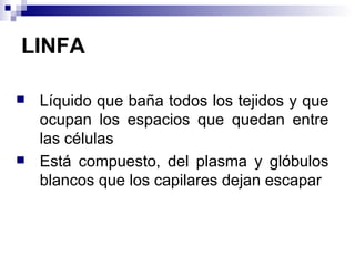 LINFA Líquido que baña todos los tejidos y que ocupan los espacios que quedan entre las células Está compuesto, del plasma y glóbulos blancos que los capilares dejan escapar 