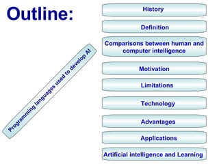 Outline: History Definition Motivation Limitations Technology Advantages Applications Comparisons between human and computer intelligence Artificial intelligence and Learning   Programming languages used to develop AI 