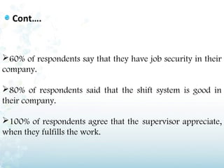 Cont….


60% of respondents say that they have job security in their
company.

80% of respondents said that the shift system is good in
their company.

100% of respondents agree that the supervisor appreciate,
when they fulfills the work.
 