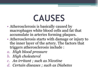 CAUSES
• Atherosclerosis is basically caused by
macrophages white blood cells and fat that
accumulate in arteries forming plaques.
• Atherosclerosis starts with damage or injury to
the inner layer of the artery. The factors that
triggers atherosclerosis include :
a. High blood pressure
b. High cholesterol
c. An irritant ; such as Nicotine
d. Certain diseases ; such as Diabetes
 