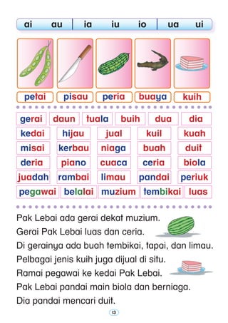 13
Pak Lebai ada gerai dekat muzium.
Gerai Pak Lebai luas dan ceria.
Di gerainya ada buah tembikai, tapai, dan limau.
Pelbagai jenis kuih juga dijual di situ.
Ramai pegawai ke kedai Pak Lebai.
Pak Lebai pandai main biola dan berniaga.
Dia pandai mencari duit.
	 ai	 au	 ia	 iu	 io	 ua	 ui
	gerai	 daun	 tuala 	 buih	 dua	 dia
	 kedai 	 hijau	 jual	 kuil	 kuah
	 misai 	 kerbau 	 niaga	 buah 	 duit
	 deria	 piano	 cuaca	 ceria	 biola 	
	juadah	 rambai 	 limau	 pandai	 periuk	
	pegawai   belalai   muzium   tembikai   luas
peria kuihbuayapisaupetai
 