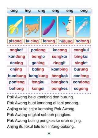 14
	 ang	 ing	 ung	 eng	 eng	 ong
Pak Awang bela kambing dan burung.
Pak Awang buat kandang di tepi padang.
Anjing suka kejar kambing Pak Awang.
Pak Awang angkat sebuah pongkes.
Pak Awang baling pongkes ke arah anjing.
Anjing itu takut lalu lari lintang-pukang.
bongkah
kandang
bengkokkangkung
pongkes
condong
kambing
sangkarbanglo
bumbung conteng
angkat
gasing
bohong
baling
bingkai
kacangpadang
dacing
kongsi
ponteng
anjing
ringgit
burung
tengku
singlet
cangkul
sayang
pisang kucing terung hidung sotong
 