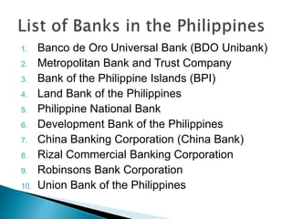 1. Banco de Oro Universal Bank (BDO Unibank)
2. Metropolitan Bank and Trust Company
3. Bank of the Philippine Islands (BPI)
4. Land Bank of the Philippines
5. Philippine National Bank
6. Development Bank of the Philippines
7. China Banking Corporation (China Bank)
8. Rizal Commercial Banking Corporation
9. Robinsons Bank Corporation
10. Union Bank of the Philippines
 