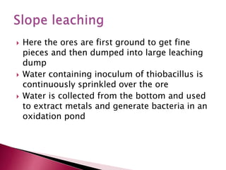  Here the ores are first ground to get fine
pieces and then dumped into large leaching
dump
 Water containing inoculum of thiobacillus is
continuously sprinkled over the ore
 Water is collected from the bottom and used
to extract metals and generate bacteria in an
oxidation pond
 