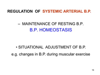 REGULATION OF SYSTEMIC ARTERIAL B.P.

– MAINTENANCE OF RESTING B.P.

B.P. HOMEOSTASIS

• SITUATIONAL ADJUSTMENT OF B.P.

e.g. changes in B.P. during muscular exercise

16

 