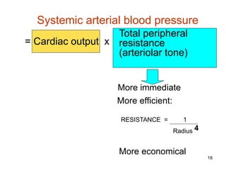 Systemic arterial blood pressure
Total peripheral
= Cardiac output x resistance
(arteriolar tone)

More immediate
More efficient:
RESISTANCE =

1
Radius 4

More economical
18

 