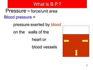 What is B.P.?

Pressure = force/unit area
Blood pressure =

pressure exerted by blood
on the walls of the

heart or
blood vessels

2

 