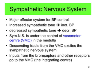 Sympathetic Nervous System
•
•
•
•

Major effector system for BP control
Increased sympathetic tone  incr. BP
decreased sympathetic tone  decr. BP
Sym.N.S. is under the control of vasomotor
centre (VMC) in the medulla
• Descending tracts from the VMC excites the
sympathetic nervous system
• Inputs from the broreceptors and other receptors
go to the VMC (the integrating centre)
21

 