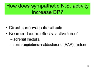 How does sympathetic N.S. activity
increase BP?
• Direct cardiovascular effects
• Neuroendocrine effects: activation of
– adrenal medulla
– renin-angiotensin-aldosterone (RAA) system

22

 