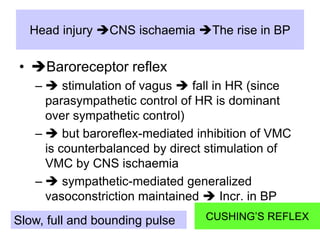 Head injury CNS ischaemia The rise in BP

• Baroreceptor reflex
–  stimulation of vagus  fall in HR (since
parasympathetic control of HR is dominant
over sympathetic control)
–  but baroreflex-mediated inhibition of VMC
is counterbalanced by direct stimulation of
VMC by CNS ischaemia
–  sympathetic-mediated generalized
vasoconstriction maintained  Incr. in BP

Slow, full and bounding pulse

CUSHING’S REFLEX
44

 