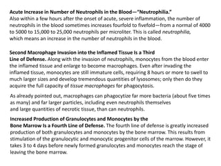 Acute Increase in Number of Neutrophils in the Blood—“Neutrophilia.”
Also within a few hours after the onset of acute, severe inflammation, the number of
neutrophils in the blood sometimes increases fourfold to fivefold—from a normal of 4000
to 5000 to 15,000 to 25,000 neutrophils per microliter. This is called neutrophilia,
which means an increase in the number of neutrophils in the blood.
Second Macrophage Invasion into the Inflamed Tissue Is a Third
Line of Defense. Along with the invasion of neutrophils, monocytes from the blood enter
the inflamed tissue and enlarge to become macrophages. Even after invading the
inflamed tissue, monocytes are still immature cells, requiring 8 hours or more to swell to
much larger sizes and develop tremendous quantities of lysosomes; only then do they
acquire the full capacity of tissue macrophages for phagocytosis.
As already pointed out, macrophages can phagocytize far more bacteria (about five times
as many) and far larger particles, including even neutrophils themselves
and large quantities of necrotic tissue, than can neutrophils.
Increased Production of Granulocytes and Monocytes by the
Bone Marrow Is a Fourth Line of Defense. The fourth line of defense is greatly increased
production of both granulocytes and monocytes by the bone marrow. This results from
stimulation of the granulocytic and monocytic progenitor cells of the marrow. However, it
takes 3 to 4 days before newly formed granulocytes and monocytes reach the stage of
leaving the bone marrow.
 