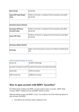 &Carry Scrips                  Buy & Sell)

Square-Off Trades Margin       0.05% or min Rs.25/- or ceiling of 2.5% on transaction value (Both
Scrips                         Buy & Sell)




Derivatives (Futures Market)

Non-Square Off (Carry          0.05% or min Rs.25/- or ceiling of 2.5% of transaction value (Both
Forward) Trades                Buy & Sell)

                               0.025% or min Rs.25/- or ceiling of 2.5% of transaction value (Both
Square-Off Trades
                               Buy & Sell)




Derivatives (Option Market)

                               Higher of 1% of the premium amount or Rs.100 per lot (Both Buy &
Brokerage
                               Sell)




Other Standard Charges on Trades
Service Tax                     10.30% on Brokerage

Securities Transaction Tax (STT) 0.125% of transaction value (Both Buy & Sell)

Stamp Duty                      0.01% on turnover

SEBI Turnover Tax               0.0001% on turnover




How to open account with HDFC Securities?
For Online Stock Trading with HDFC, investor needs to open 3 accounts...HDFC Bank
Account, HDFC Trading Account and HDFC Demat Account.

Opening trading account with HDFC is easy. You could use one of the following options to
open account with HDFC.

       Visit hdfcsec.com and fill the "Open Trading A/C" form.
 