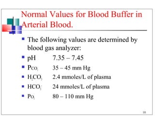 Normal Values for Blood Buffer in
Arterial Blood.
   The following values are determined by
    blood gas analyzer:
   pH       7.35 – 7.45
   PCO    2 35 – 45 mm Hg
   H2CO3      2.4 mmoles/L of plasma
   HCO3-      24 mmoles/L of plasma
   PO 2       80 – 110 mm Hg

                                             10
 