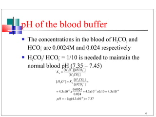 pH of the blood buffer
   The concentrations in the blood of H2CO3 and
    HCO3- are 0.0024M and 0.024 respectively
   H2CO3/ HCO3- = 1/10 is needed to maintain the
    normal blood pH (7.35 – 7.45)        −
                    [ H 3O + ][ HCO3 ]
               Ka =
                         [ H 2CO3 ]
                                  [ H 2CO3 ]
               [ H 3O + ] = K a          −
                                             =
                                  [ HCO3 ]
                          0.0024
               = 4.3 x10 −7 x       = 4.3 x10 −7 x0.10 = 4.3 x10 −8
                           0.024
               pH = − log(4.3 x10 −8 ) = 7.37



                                                                      4
 