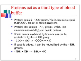 Proteins act as a third type of blood
buffer
   Proteins contain – COO- groups, which, like acetate ions
    (CH3COO-), can act as proton acceptors.
   Proteins also contain – NH3+ groups, which, like
    ammonium ions (NH4+), can donate protons.
   If acid comes into blood, hydronium ions can be
    neutralized by the – COO- groups
   - COO- + H3O+ → - COOH + H2O
   If base is added, it can be neutralized by the – NH3+
    groups
   - NH3+ + OH- → - NH2 + H2O

                                                               9
 