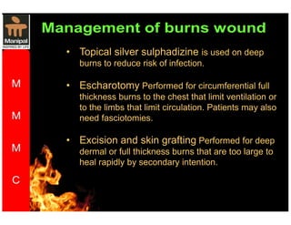 • Topical silver sulphadizine is used on deep 
burns to reduce risk of infection. 
• Escharotomy Performed for circumferential full 
thickness burns to the chest that limit ventilation or 
to the limbs that limit circulation. Patients may also 
need fasciotomies. 
• Excision and skin grafting Performed for deep 
dermal or full thickness burns that are too large to 
heal rapidly by secondary intention. 
 