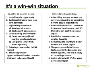 It’s a win-win situation
Benefits to Golden Gekko
1. Huge financial opportunity
2. Sustainable income from long-
term contracts
3. Big learning experience:
a) New type of projects
b) Dealing with governments
4. Good learning environment:
a) Easier to manage (Small
country, small population)
b) Low-profile (away from
media eye-balls)
5. Entering a new market (MENA
region)
6. This will open new
opportunities with other countries
that want to become SMART
Benefits to Kuwait Gov.
1. After failing in many aspects, the
government want to do something
beyond people expectations
2. Kuwait is behind all GCC countries
in terms of development, and it’s
thrived to out beat them in any
aspect
3. Establish a new ecosystem to
employ Kuwaitis
4. Converting the country to a new
Hi-Tech hub in the region
5. The government failed to use
technology in the Education and
Health systems, and this is a way
to turn things around
6. A step aligned with it’s five years
development plan
 