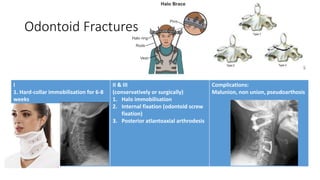 Odontoid Fractures
I
1. Hard-collar immobilisation for 6-8
weeks
II & III
(conservatively or surgically)
1. Halo immobilisation
2. Internal fixation (odontoid screw
fixation)
3. Posterior atlantoaxial arthrodesis
Complications:
Malunion, non union, pseudoarthosis
 