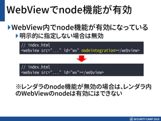 SECURITY CAMP 2016
WebViewでnode機能が有効
WebView内でnode機能が有効になっている
明示的に指定しない場合は無効
※レンダラのnode機能が無効の場合は、レンダラ内
のWebViewのnodeは有効にはできない
// index.html
<webview src="..." id="wv" nodeintegration></webview>
// index.html
<webview src="..." id="wv"></webview>
 