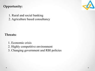 Opportunity:
1. Rural and social banking
2. Agriculture based consultancy
Threats:
1. Economic crisis
2. Highly competitive environment
3. Changing government and RBI policies
 