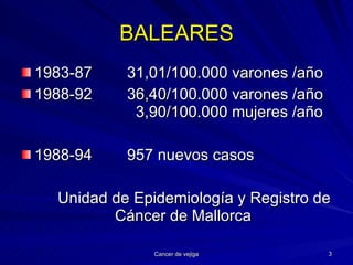 BALEARES 1983-87 31,01/100.000 varones /año 1988-92 36,40/100.000 varones /año   3,90/100.000 mujeres /año 1988-94 957 nuevos casos Unidad de Epidemiología y Registro de Cáncer de Mallorca 