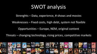 SWOT analysis
Strenghts – Data, experience, # shows and movies
Weaknesses – Fixed costs, high debt, system not flexible
Opportunities – Europe, NEM, original content

Threats – changing technology, rising prices, competitive markets

 