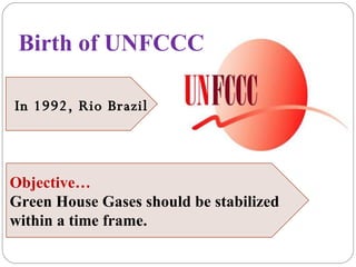 Birth of UNFCCC In 1992, Rio Brazil Objective… Green House Gases should be stabilized within a time frame. 