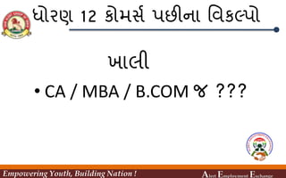 ધોરણ 12 કોિસસ પછીના મિકલ્પો
ખાલી
• CA / MBA / B.COM િ ???
Empowering Youth, Building Nation ! Alert Employment Exchange
 