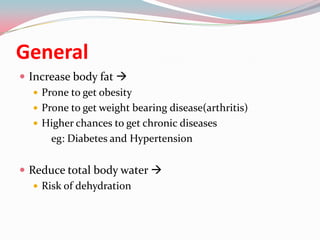 General
 Increase body fat 
    Prone to get obesity
    Prone to get weight bearing disease(arthritis)
    Higher chances to get chronic diseases
       eg: Diabetes and Hypertension

 Reduce total body water 
    Risk of dehydration
 