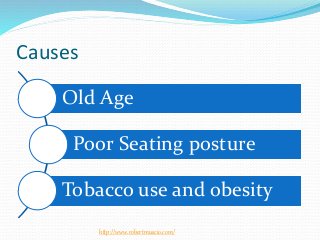 Causes
Old Age
Poor Seating posture
Tobacco use and obesity
http://www.robertmuscio.com/
 