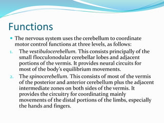 Functions
 The nervous system uses the cerebellum to coordinate
motor control functions at three levels, as follows:
1. The vestibulocerebellum. This consists principally of the
small flocculonodular cerebellar lobes and adjacent
portions of the vermis. It provides neural circuits for
most of the body’s equilibrium movements.
2. The spinocerebellum. This consists of most of the vermis
of the posterior and anterior cerebellum plus the adjacent
intermediate zones on both sides of the vermis. It
provides the circuitry for coordinating mainly
movements of the distal portions of the limbs, especially
the hands and fingers.
 