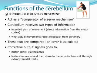 Functions of the cerebellum
(3) CONTROL OF VOLUNTARY MOVEMENT:
 Act as a “comparator of a servo mechanism”
 Cerebellum receives two types of information
 intended plan of movement (direct information from the motor
cortex)
 what actual movements result (feedback from periphery)
 These two are compared: an error is calculated
 Corrective output signals goes to
 motor cortex via thalamus
 brain stem nuclei and then down to the anterior horn cell through
extrapyramidal tracts
 