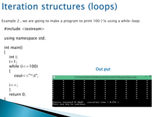 #include <iostream>
using namespace std;
int main()
{
int i;
i=1;
while (i<=100)
{
cout<<"*t";
i++;
}
return 0;
}
Out put
 