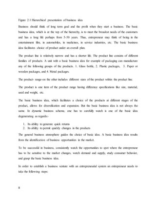 8
Figure 2.1 Hierarchical presentation of business idea
Business should think of long term goal and the profit when they start a business. The basic
business idea, which is at the top of the hierarchy, is to meet the broadest needs of the customers
and has a long life perhaps from 5-50 years. Thus, entrepreneur may think of being in the
entertainment film, in automobiles, in medicines, in service industries, etc. The basic business
idea facilitates choice of product under an overall plan.
The product line is relatively narrow and has a shorter life. The product line consists of different
families of products. A unit with a basic business idea for example of packaging can manufacture
any of the following groups of the products. 1. Glass bottle, 2. Plastic packages, 3. Paper or
wooden packages, and 4. Metal packages.
The product- range-on the other includes different sizes of the product within the product line.
The product is one item of the product range having difference specifications like size, material,
used and weight, etc.
The basic business idea, which facilitates a choice of the products at different stages of the
product, allows for diversification and expansion. But the basic business idea is not always the
same. In dynamic business scheme, one has to carefully watch is one of the basic idea
degenerating as regards:-
1. Its ability to generate quick returns
2. Its ability to permit quickly changes in the products
The general business atmosphere guides the choice of basic idea. A basic business idea results
from the identification of business opportunities in the market.
To be successful in business, consistently watch the opportunities to spot where the entrepreneur
has to be sensitive to the market changes, watch demand and supply, study consumer behavior,
and grasp the basic business idea.
In order to establish a business venture with an entrepreneurial system an entrepreneur needs to
take the following steps:
 