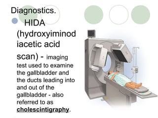 Diagnostics.
 HIDA
(hydroxyiminod
iacetic acid
scan) - imaging
test used to examine
the gallbladder and
the ducts leading into
and out of the
gallbladder - also
referred to as
cholescintigraphy.
 