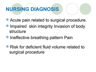 NURSING DIAGNOSIS
Acute pain related to surgical procedure.
Impaired skin integrity Invasion of body
structure
Ineffective breathing pattern Pain
Risk for deficient fluid volume related to
surgical procedure
 