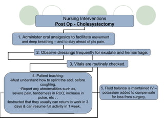 Nursing Interventions
Post Op - Cholesystectomy
1. Administer oral analgesics to facilitate movement
and deep breathing – and to stay ahead of pts pain.
2. Observe dressings frequently for exudate and hemorrhage.
3. Vitals are routinely checked.
4. Patient teaching:
-Must understand how to splint the abd. before
coughing.
-Report any abnormalities such as,
severe pain, tenderness in RUQ, increase in
pulse, etc . .
-Instructed that they usually can return to work in 3
days & can resume full activity in 1 week.
5. Fluid balance is maintained IV –
potassium added to compensate
for loss from surgery.
 