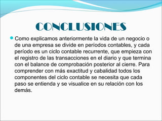 CONCLUSIONES
Como explicamos anteriormente la vida de un negocio o
 de una empresa se divide en períodos contables, y cada
 período es un ciclo contable recurrente, que empieza con
 el registro de las transacciones en el diario y que termina
 con el balance de comprobación posterior al cierre. Para
 comprender con más exactitud y cabalidad todos los
 componentes del ciclo contable se necesita que cada
 paso se entienda y se visualice en su relación con los
 demás.
 