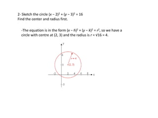 2- Sketch the circle (x − 2)2 + (y − 3)2 = 16
Find the center and radius first.

  -The equation is in the form (x − h)2 + (y − k)2 = r2, so we have a
  circle with centre at (2, 3) and the radius is r = √16 = 4.
 