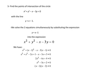 5- Find the points of intersection of the circle

                    x2 + y2 − x − 3y = 0

    with the line
                     y = x − 1.

   -We solve the 2 equations simultaneously by substituting the expression

                             y = x -1
                        into the expression



      We have:
 