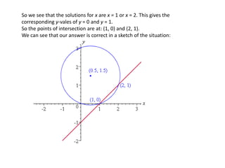 So we see that the solutions for x are x = 1 or x = 2. This gives the
corresponding y-vales of y = 0 and y = 1.
So the points of intersection are at: (1, 0) and (2, 1).
We can see that our answer is correct in a sketch of the situation:
 