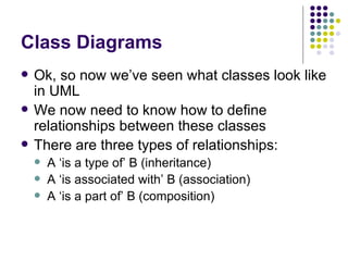 Class Diagrams Ok, so now we’ve seen what classes look like in UML We now need to know how to define relationships between these classes There are three types of relationships: A ‘is a type of’ B (inheritance) A ‘is associated with’ B (association) A ‘is a part of’ B (composition) 