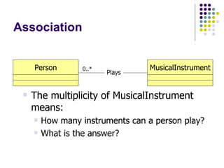 Association Plays The multiplicity of MusicalInstrument means: How many instruments can a person play? What is the answer? 0..* Person MusicalInstrument 