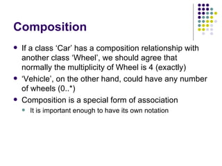 Composition If a class ‘Car’ has a composition relationship with another class ‘Wheel’, we should agree that normally the multiplicity of Wheel is 4 (exactly) ‘ Vehicle’, on the other hand, could have any number of wheels (0..*) Composition is a special form of association It is important enough to have its own notation 