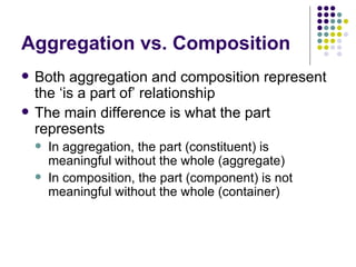 Aggregation vs. Composition Both aggregation and composition represent the ‘is a part of’ relationship The main difference is what the part represents In aggregation, the part (constituent) is meaningful without the whole (aggregate) In composition, the part (component) is not meaningful without the whole (container) 