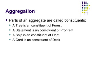 Aggregation Parts of an aggregate are called constituents: A Tree is an constituent of Forest A Statement is an constituent of Program A Ship is an constituent of Fleet A Card is an constituent of Deck 