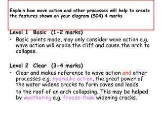 Explain how wave action and other processes will help to create
the features shown on your diagram (S04) 4 marks
Level 1 Basic (1-2 marks)
• Basic points made, may only consider wave action e.g.
wave action will erode the cliff and cause the arch to
collapse.
Level 2 Clear (3-4 marks)
• Clear and makes reference to wave action and other
processes e.g. hydraulic action, the great power of
the water widens cracks to form caves and leads
to the roof of an arch collapsing. This may be helped
by weathering e.g. freeze-thaw widening cracks.
 