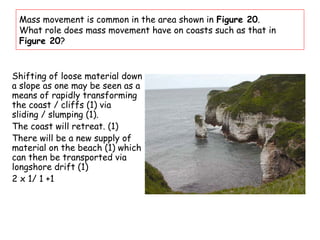 Mass movement is common in the area shown in Figure 20.
What role does mass movement have on coasts such as that in
Figure 20?
Shifting of loose material down
a slope as one may be seen as a
means of rapidly transforming
the coast / cliffs (1) via
sliding / slumping (1).
The coast will retreat. (1)
There will be a new supply of
material on the beach (1) which
can then be transported via
longshore drift (1)
2 x 1/ 1 +1
 